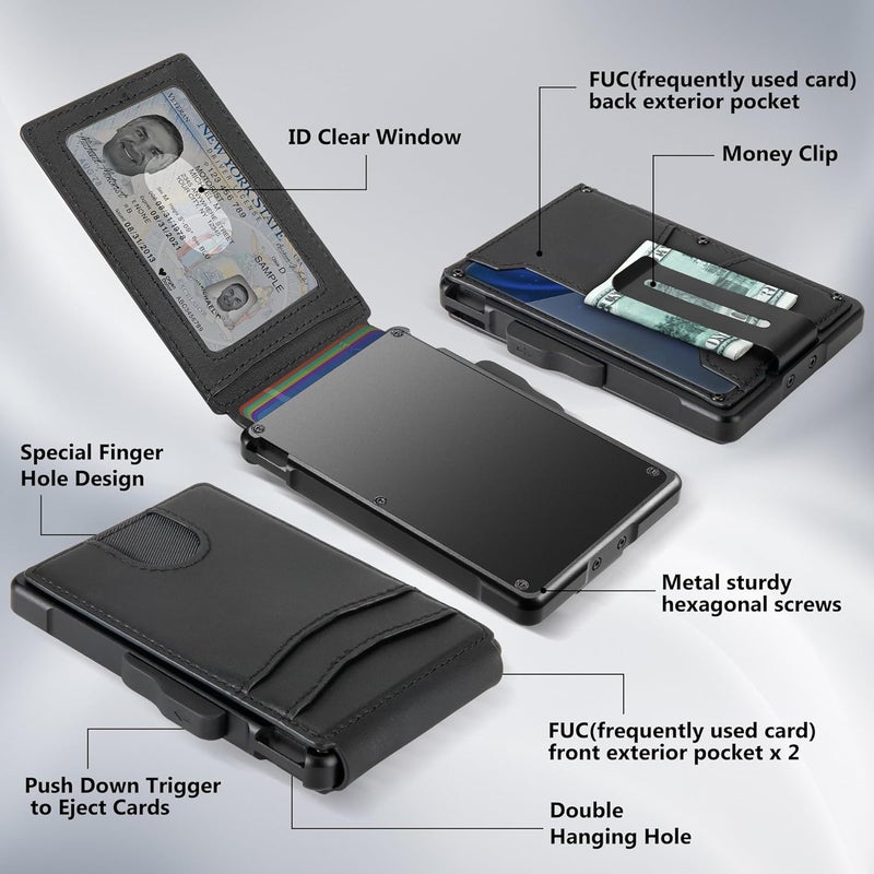 umoven محفظة للرجال - مع مشبك نقود جلد نحيف حامل بطاقات ائتمان حجب RFID محفظة قابلة للطي بسيطة (أسود داكن) - Image 3